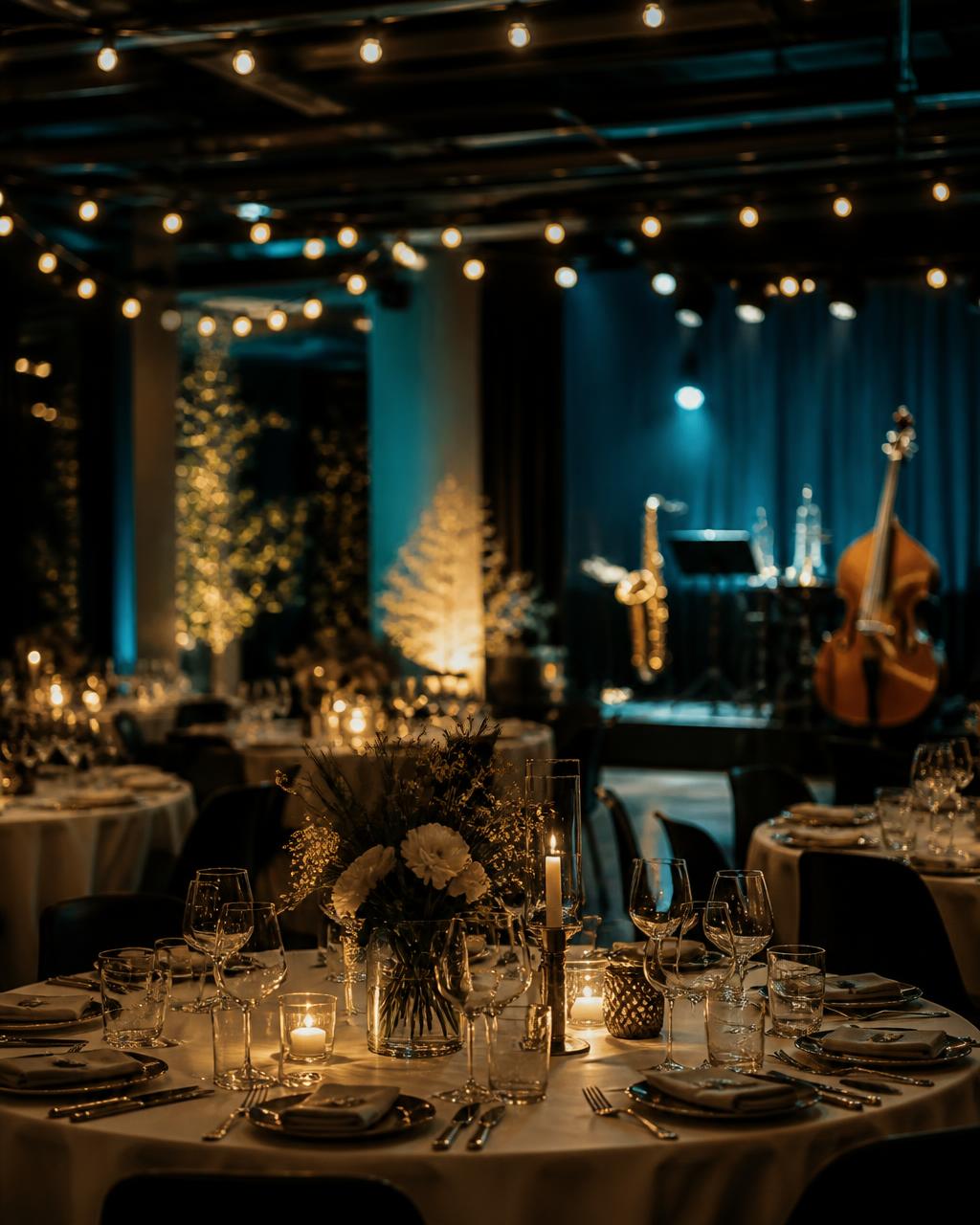 Festligt dukade festbord med ljus och en scen med livemusik i bakgrunden